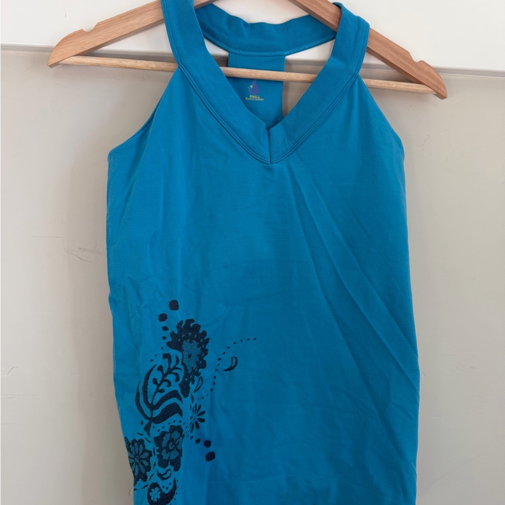 Isis Women's Teal Blue V-Neck Tank with Black Floral Accent